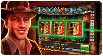 "A typical Book of Ra game with the researcher and the book symbols on the slot machine."