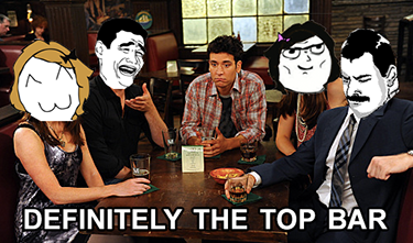 "How I met your mother reference, a meme with HIMYM characters at their top bar."